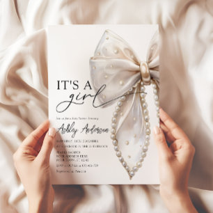 Pearl Bow Its a Girl Baby Shower Invitation