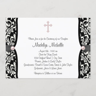 Pearl Cross Pink Black Damask Christening Invitation
