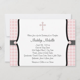 Pearl Cross Pink Black Damask Christening Invitation