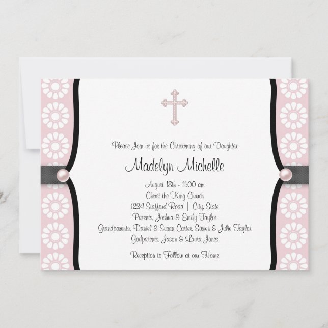 Pearl Cross Pink Flower Christening Invitation (Front)