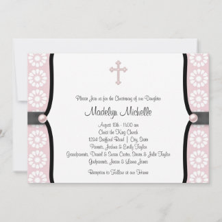 Pearl Cross Pink Flower Christening Invitation