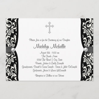 Pearl Cross White and Black Damask Christening Invitation