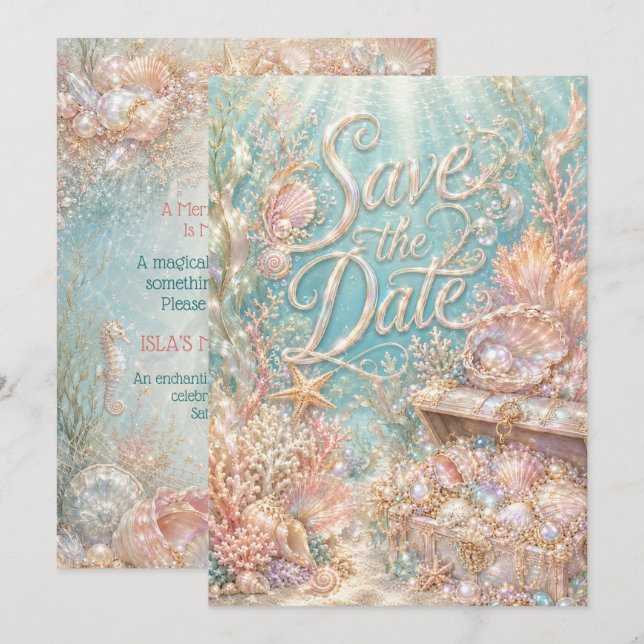 Pearl Current Mermaid Pool Party Birthday Save the (Front/Back)
