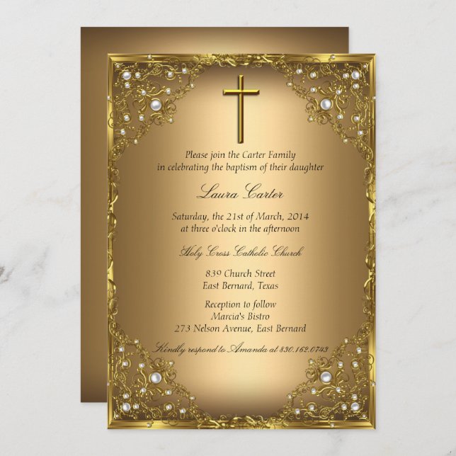 Pearl Damask Cross Gold Baptism/Christening Invitation (Front/Back)