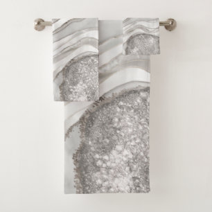 Pearl, diamonds and platinum geode digital art bath towel set