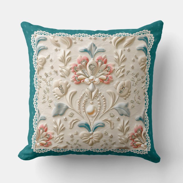 Pearl Elegance: Crystal Embroidered Pattern Throw Cushion (Front)
