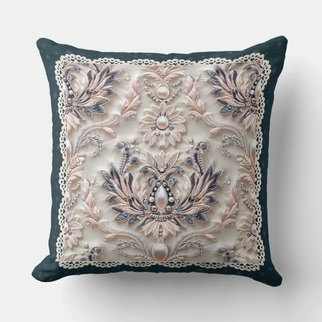 Pearl Elegance: Crystal Embroidered Pattern Throw  Cushion (Front)