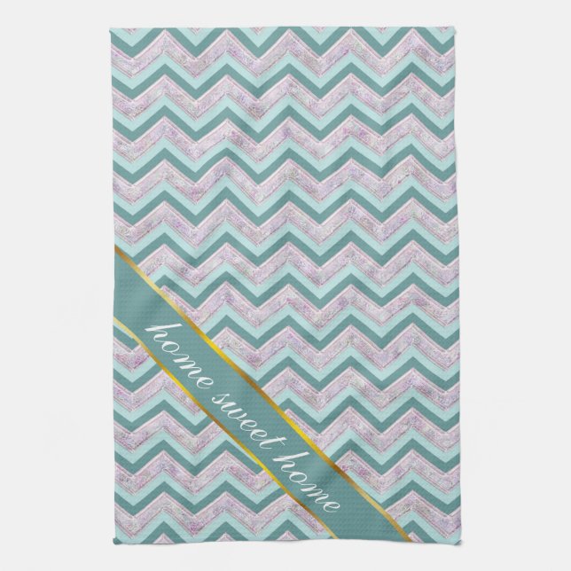 Pearl Floral Teal ZigZag Pattern Tea Towel (Vertical)