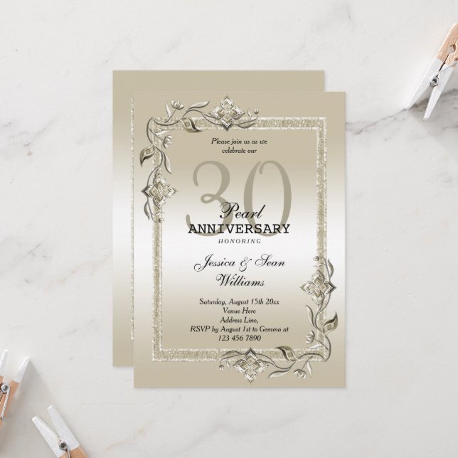 Pearl Gem & Glitter 30th Wedding Anniversary  Invitation (Front/Back In Situ)