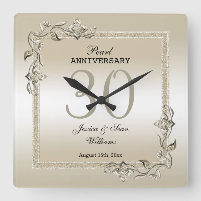 Pearl Gem & Glitter 30th Wedding Anniversary   Square Wall Clock (Front)