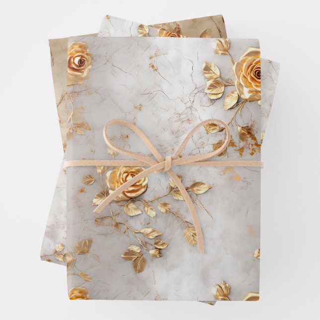 Pearl Gold Roses Wedding Wrapping Paper Sheet (In situ)