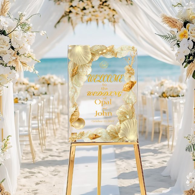 Pearl & Gold Seashell Welcome Wedding Acrylic Sign (Chic Modern Ivory Pearl and Gold Coastal Wedding Welcome Acrylic Sign)