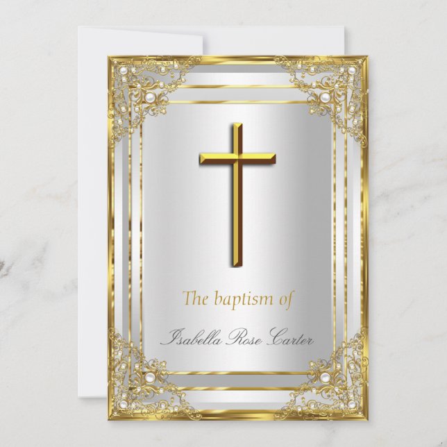 Pearl Gold White Cross Baptism/Christening Invitation (Front)