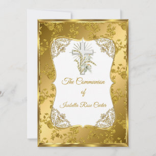 Pearl Gold White Cross Holy communion rose Damask Invitation