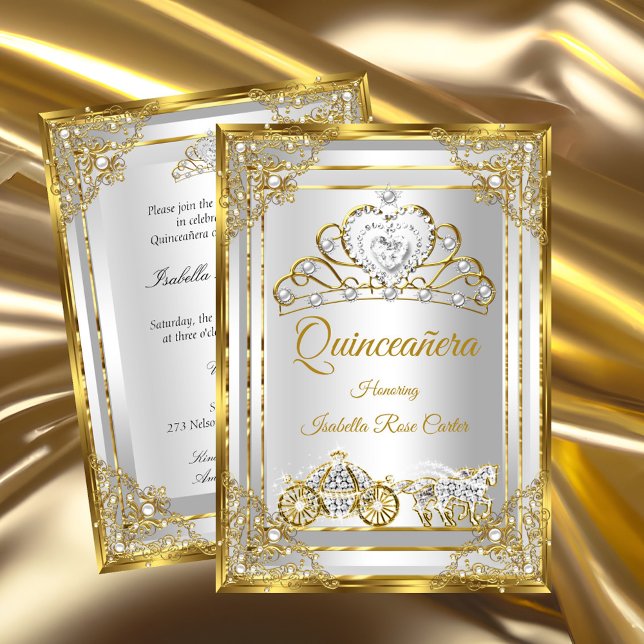 Pearl Gold White Quinceanera tiara carriage Invitation (Creator Uploaded)