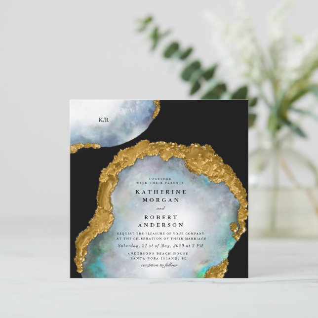 Pearl Golden Agate Geode Wedding  Invitation (Standing Front)