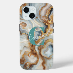 Pearl Golden Pretty Botswana Agate Custom Monogram iPhone 15 Case