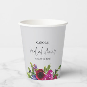 Pearl Grey Watercolor Floral Bridal Shower Paper Cups