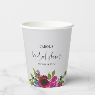 Pearl Grey Watercolor Floral Bridal Shower Paper Cups