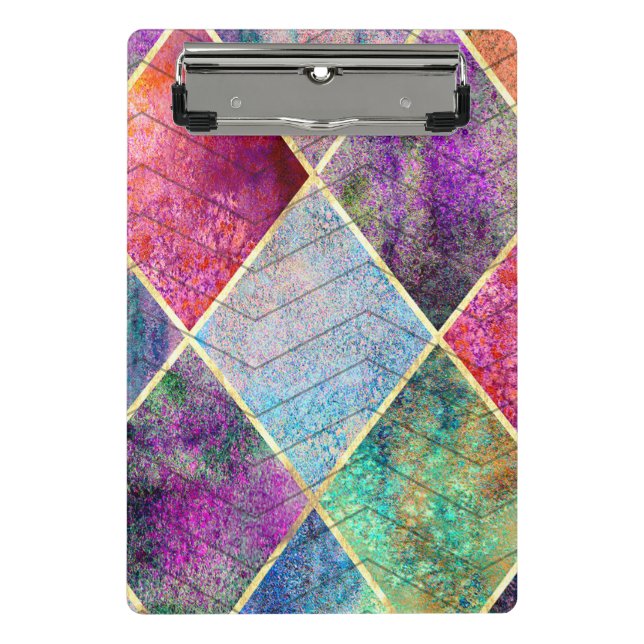 Pearl Harlequin Herringbone Trippy Hippie Rainbow Mini Clipboard (Front)