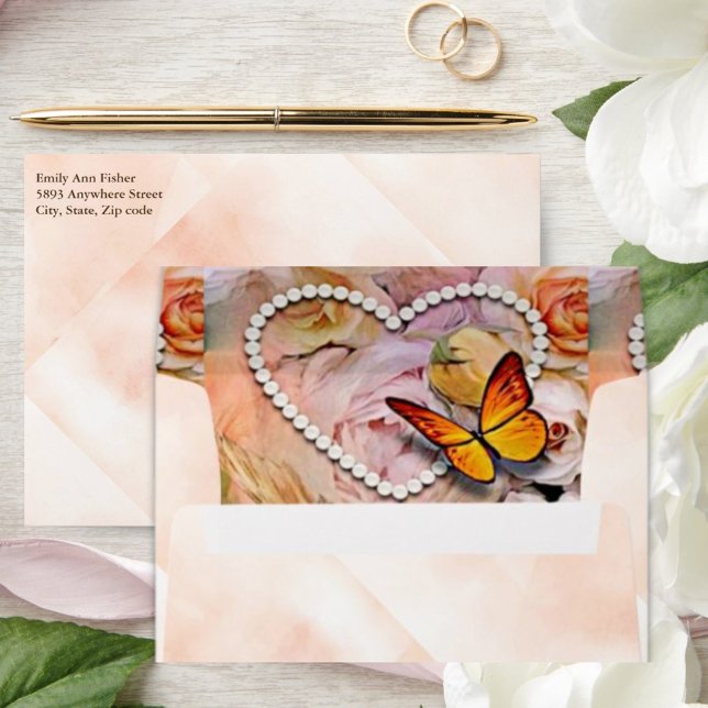 Pearl Heart Butterfly Orange Pink Floral Wedding Envelope (Pearl Heart Butterfly Orange Pink Floral Wedding Envelope)
