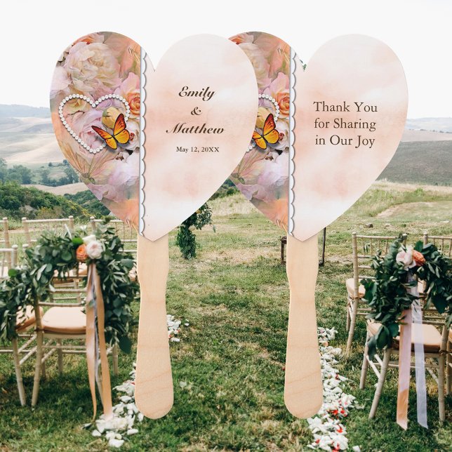 Pearl Heart Floral Orange Pink Rose Butterfly Wed Hand Fan (Pearl Heart Floral Orange Pink Rose Butterfly Wed Hand Fan)