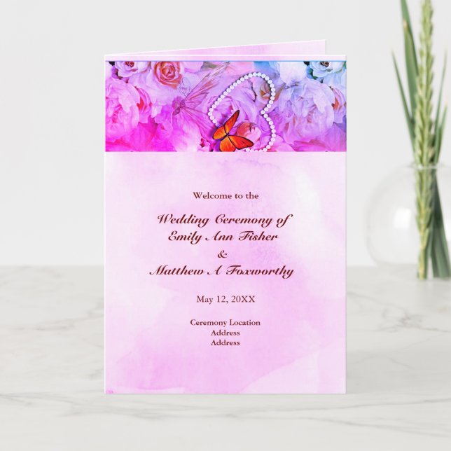 Pearl Heart Floral Pink Butterfly Folded Wedding Programme (Front)
