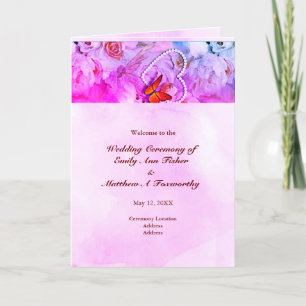 Pearl Heart Floral Pink Butterfly Folded Wedding Programme