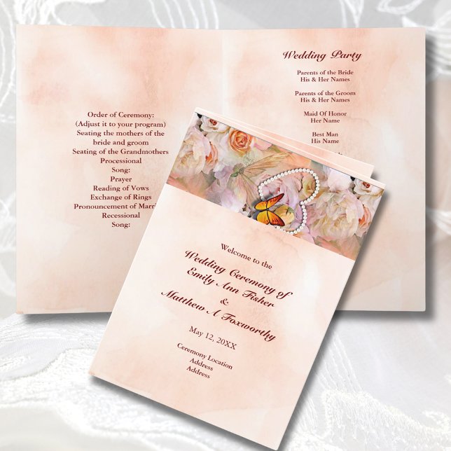 Pearl Heart Floral Rose Butterfly Folded Wedding Programme (Pearl Heart Floral Rose Butterfly Folded Wedding Program)