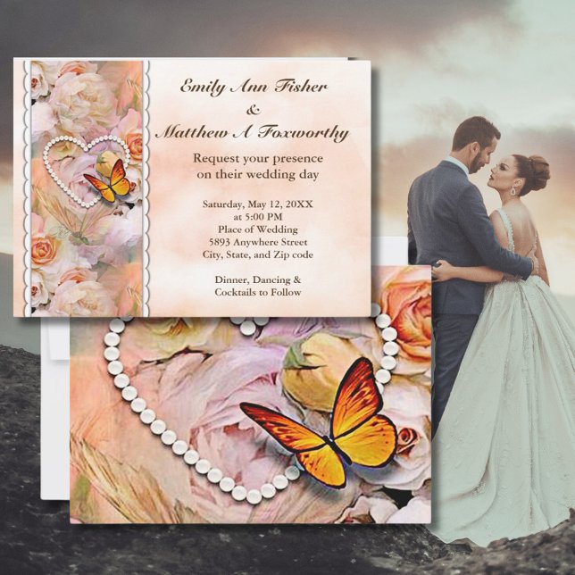 Pearl Heart Orange Roses & Butterflies Wedding Invitation (Pearl Heart Orange Roses & Butterflies Wedding Invitation of Orange, Pink, Yellow & white floral)