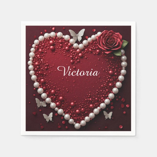Pearl Heart Rose Wedding Table Decor 🌹 Napkin (Front)
