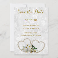 Pearl Hearts & Flower Damask Wedding Save The Date