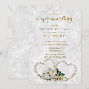 Pearl Hearts & Flowers Damask Engagement Invitation