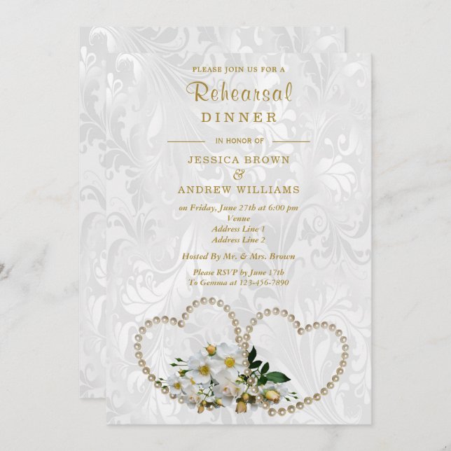 Pearl Hearts & Flowers Damask Rehearsal Dinner Invitation (Front/Back)