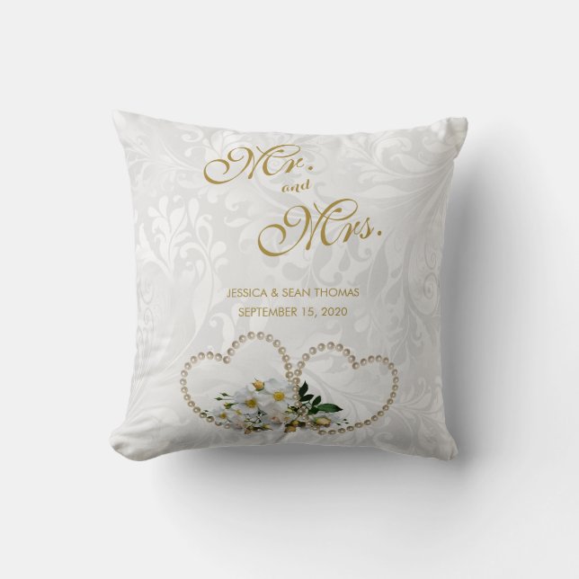 Pearl Hearts & Flowers Damask Wedding Cushion (Front)
