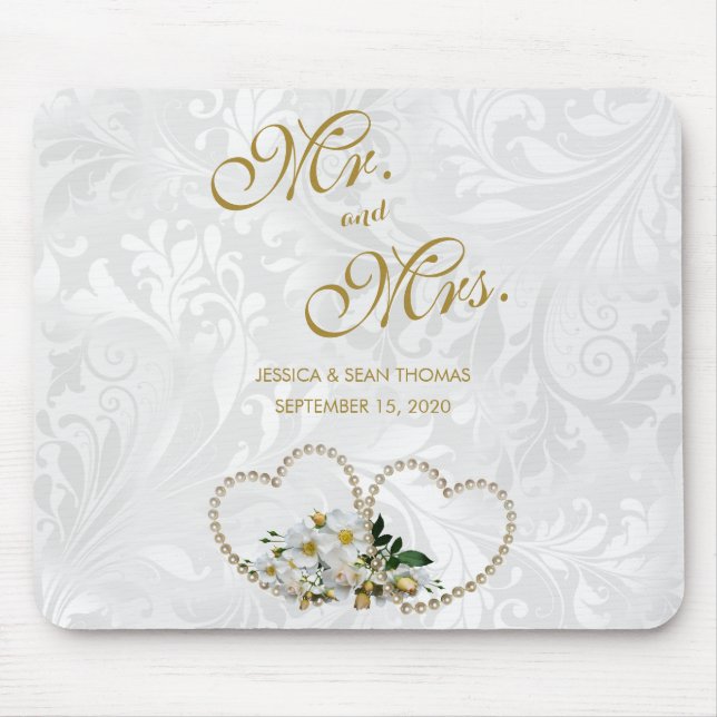 Pearl Hearts & Flowers Damask Wedding Day Memory Mouse Pad (Front)