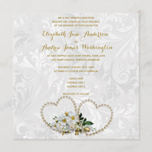 Pearl Hearts & Flowers Damask Wedding Invitation