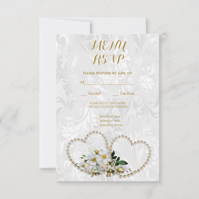 Pearl Hearts & Flowers Damask Wedding Menu RSVP (Front)