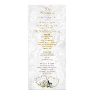 Pearl Hearts & Flowers Damask Wedding Program Rack Card