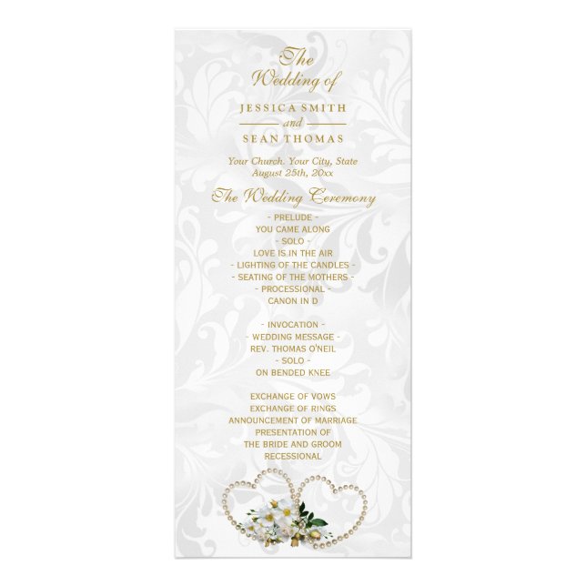 Pearl Hearts & Flowers Damask Wedding Program Rack Card (Front)