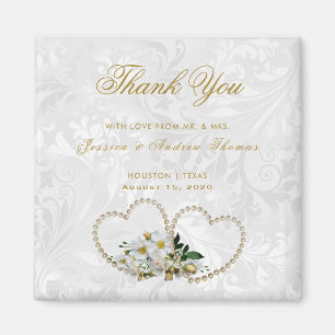 Pearl Hearts & Flowers Damask Wedding Thank You Magnet