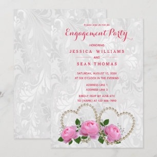 Pearl Hearts & Roses Damask Engagement Invitation