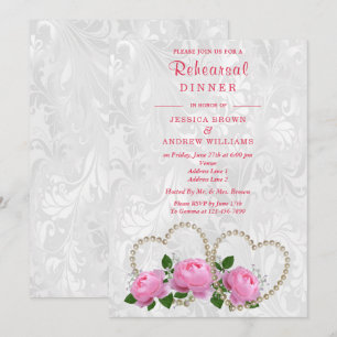 Pearl Hearts & Roses Damask Rehearsal Dinner Invitation