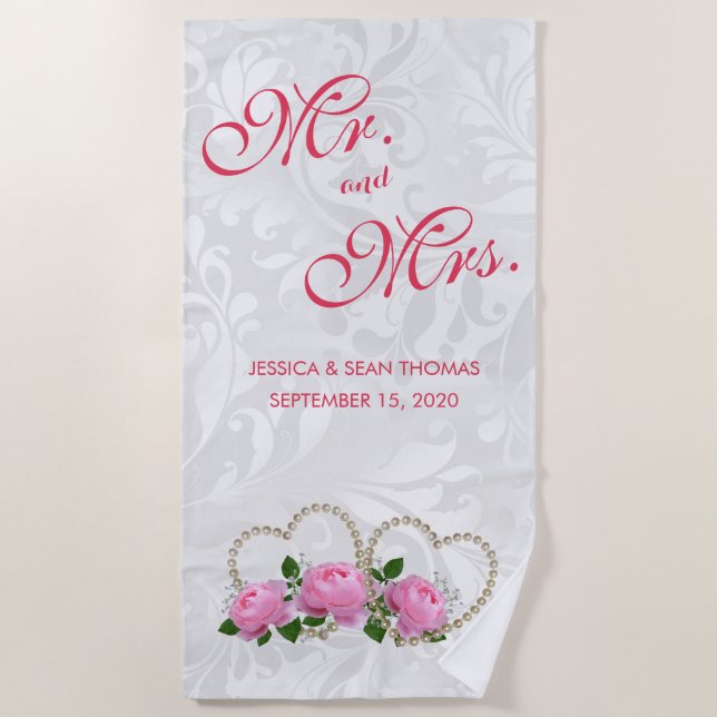 Pearl Hearts & Roses Damask Wedding Beach Towel (Front)