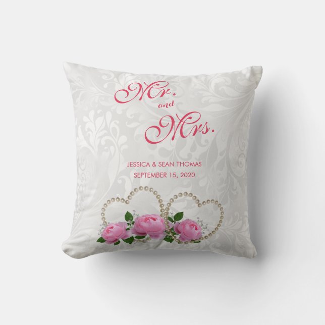 Pearl Hearts & Roses Damask Wedding Cushion (Front)
