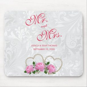 Pearl Hearts & Roses Damask Wedding Day Memory Mouse Pad