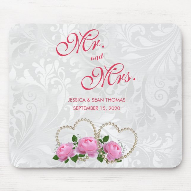 Pearl Hearts & Roses Damask Wedding Day Memory Mouse Pad (Front)