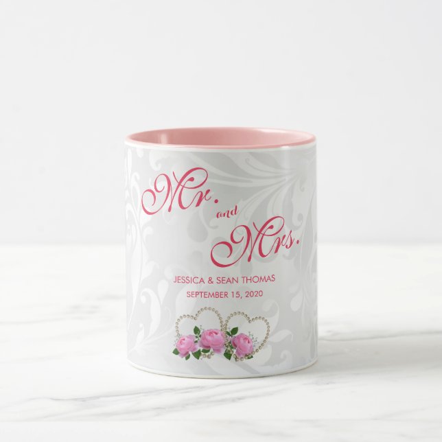 Pearl Hearts & Roses Damask Wedding Day Mug (Center)