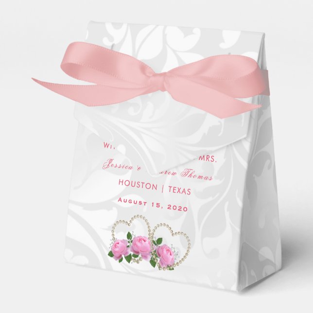 Pearl Hearts & Roses Damask Wedding Favour Box (Front Side)