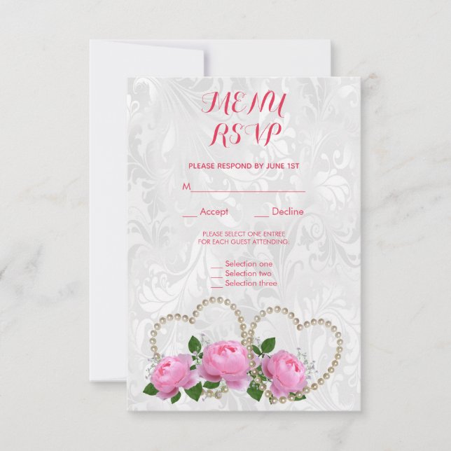 Pearl Hearts & Roses Damask Wedding Menu RSVP (Front)